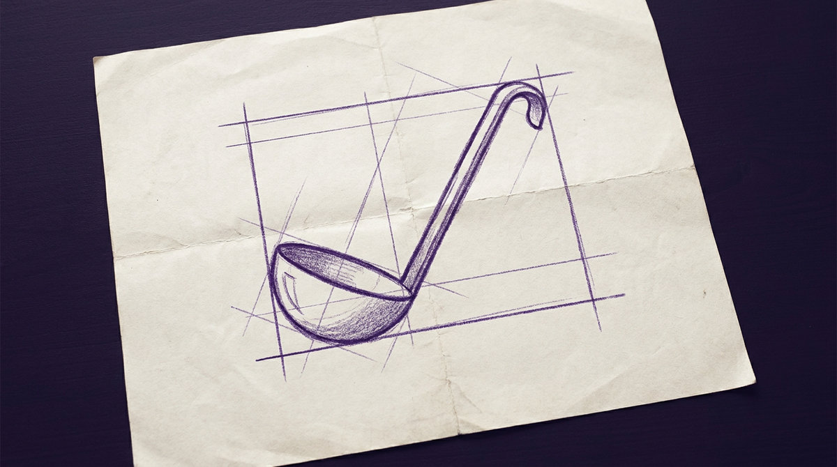a stainless steel soup ladle with a deep hemispherical bowl and a long angled handle terminating in a curved hook