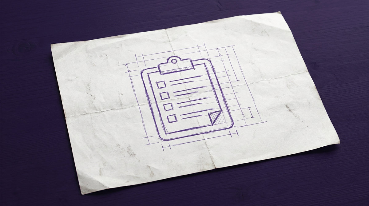 a rectangular clipboard with a metal clip at the top holding a paper sheet with a printed checklist of square boxes and horizontal lines