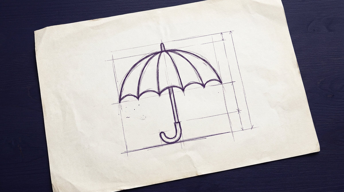 an open rain umbrella with a curved J-shaped handle, a straight vertical shaft, and a domed canopy spread over visible ribs