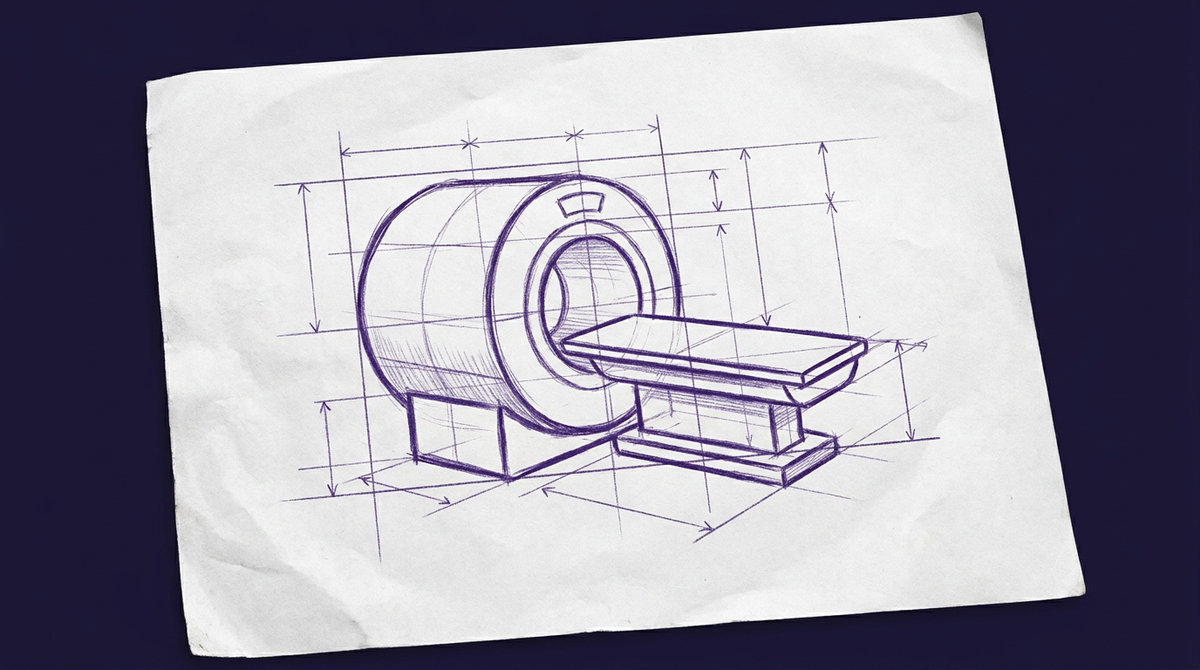 a magnetic resonance imaging scanner consisting of a large cylindrical gantry with a circular central bore opening and a flat horizontal patient examination table extending into the opening