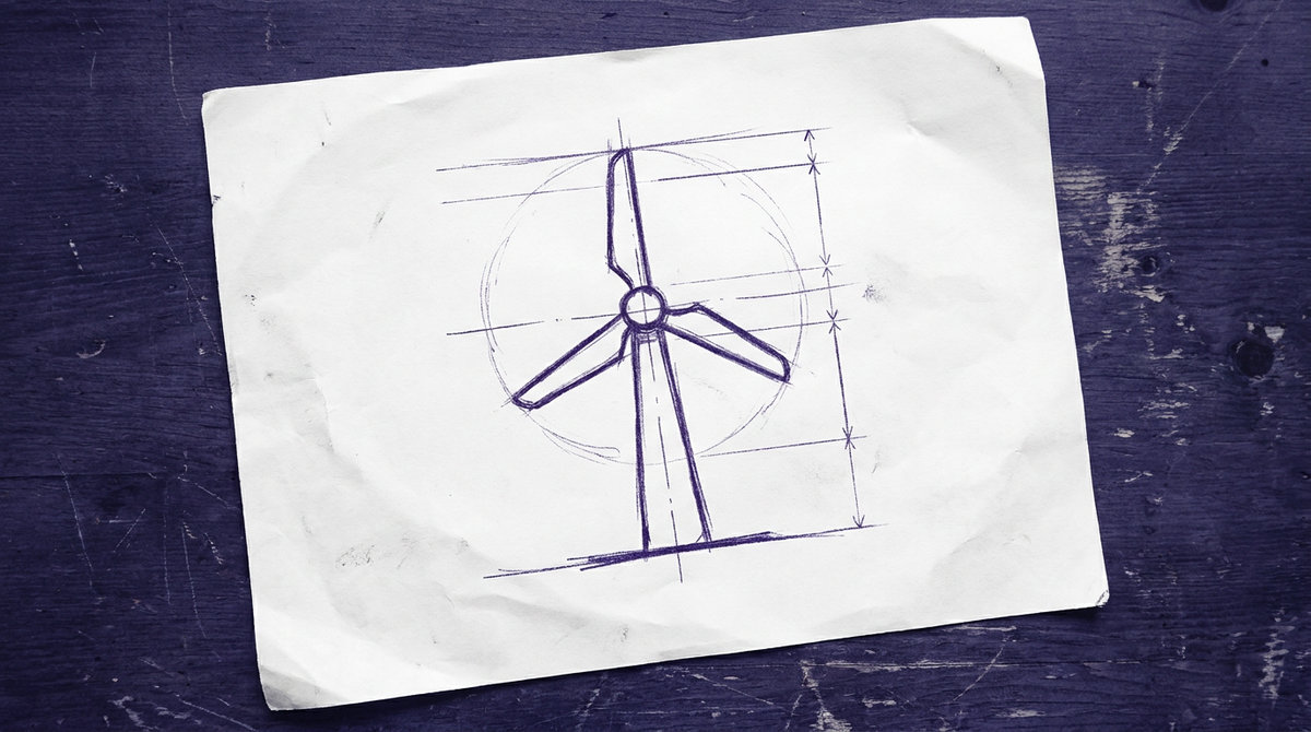 a three-bladed horizontal-axis wind turbine mounted atop a tapered cylindrical tower