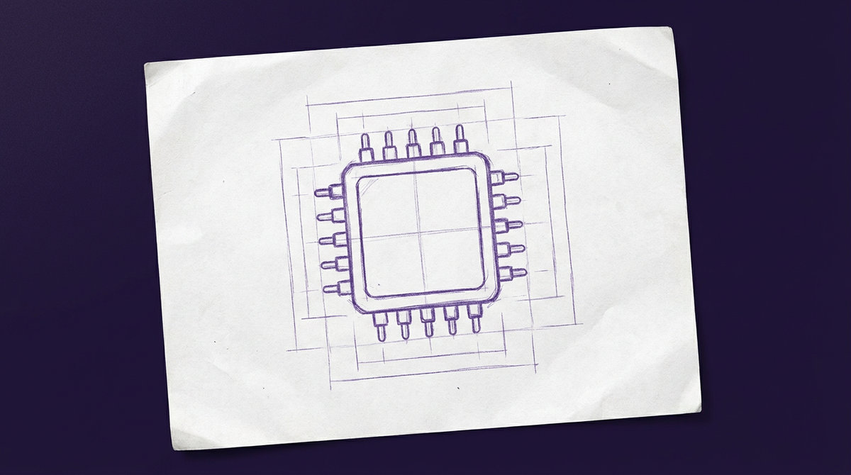 a square computer microchip featuring a flat central package with metallic contact pins protruding symmetrically from all four outer edges