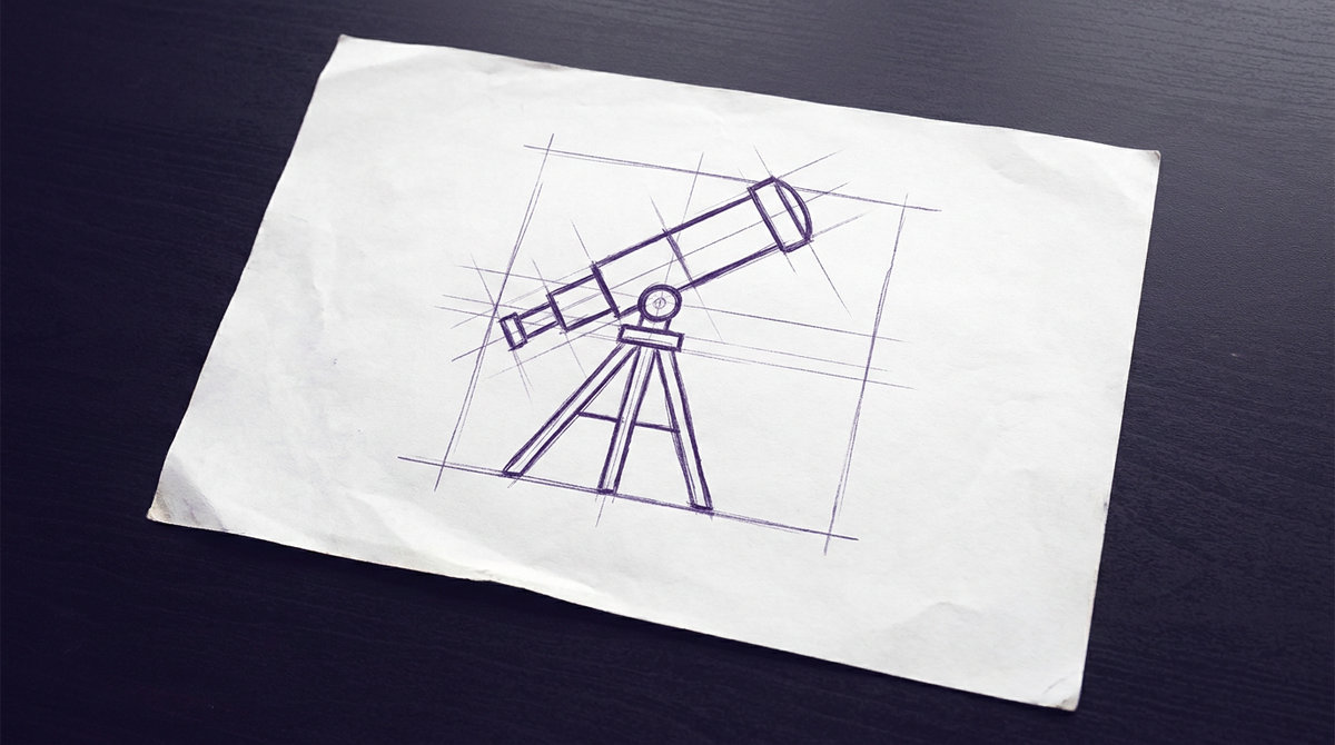 an astronomical telescope mounted on a three-legged tripod with its viewing tube angled diagonally upward