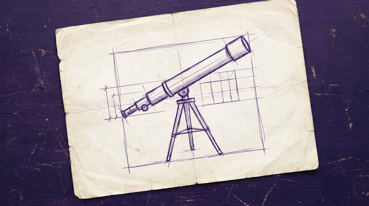 an astronomical refracting telescope mounted on a three-legged tripod with its cylindrical optical tube angled diagonally upward