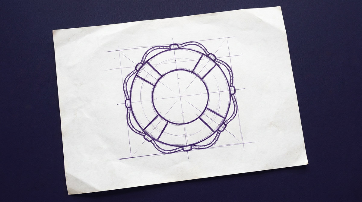 a circular ring life preserver with four evenly spaced reflective tape sections and an encircling grab rope